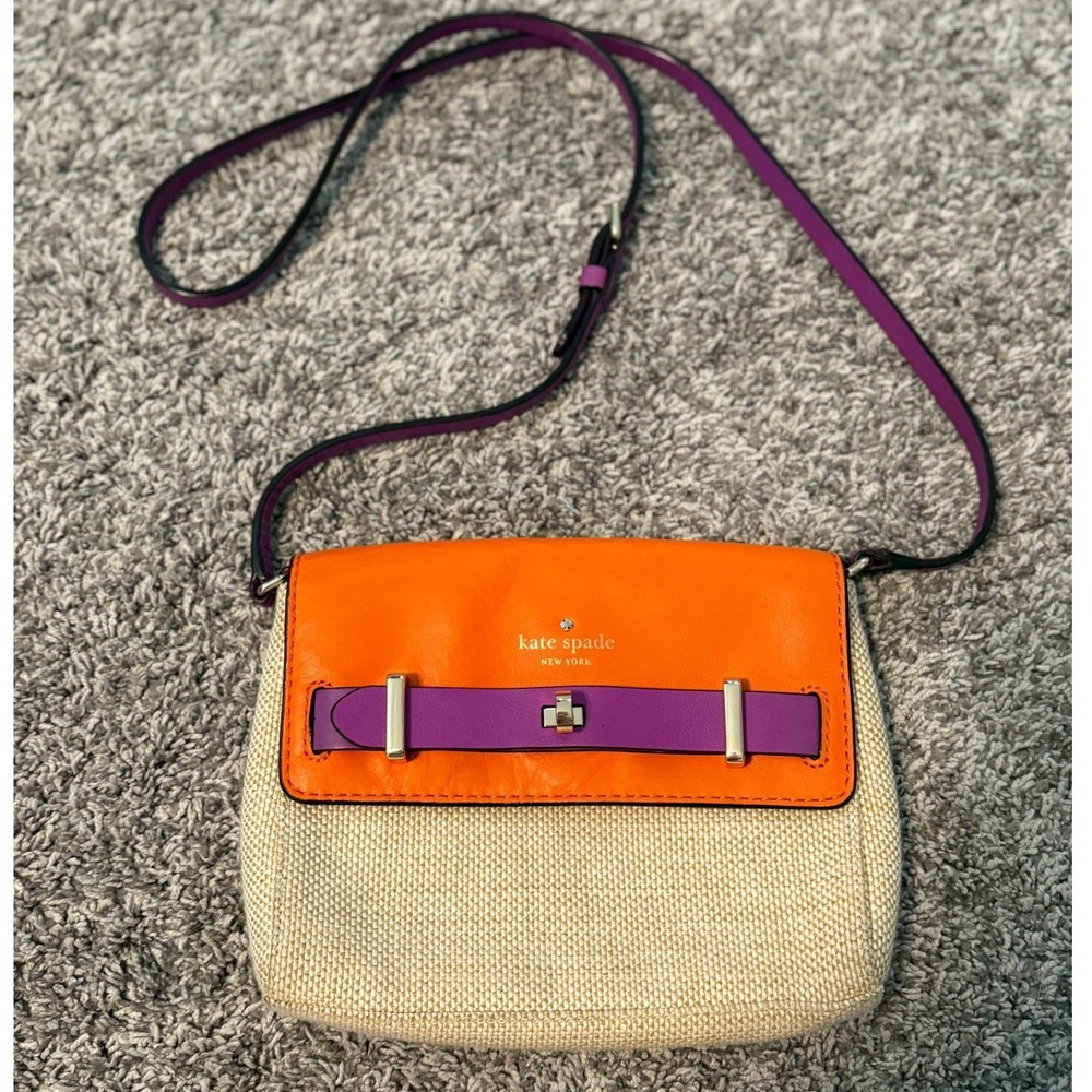 Kate Spade New York Straw Leather Crossbody Bag Orange Purple Beige Woven Small
